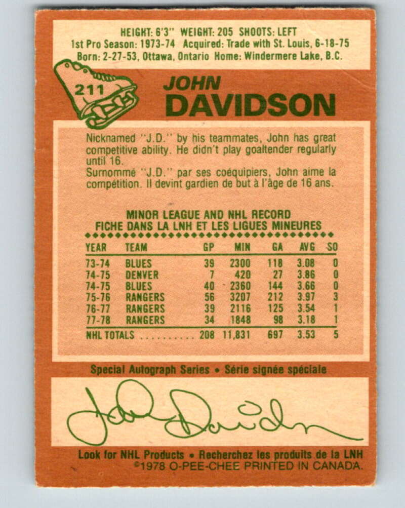 1978-79 O-Pee-Chee #211 John Davidson  New York Rangers  V23862