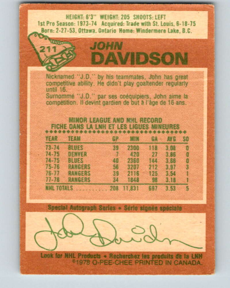 1978-79 O-Pee-Chee #211 John Davidson  New York Rangers  V23863
