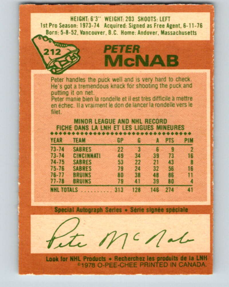 1978-79 O-Pee-Chee #212 Peter McNab  Boston Bruins  V23864