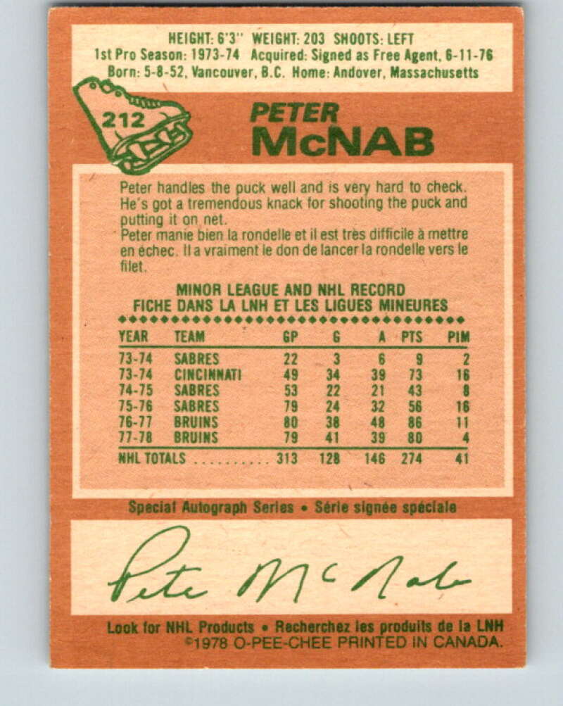 1978-79 O-Pee-Chee #212 Peter McNab  Boston Bruins  V23865