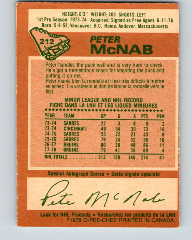 1978-79 O-Pee-Chee #212 Peter McNab  Boston Bruins  V23868