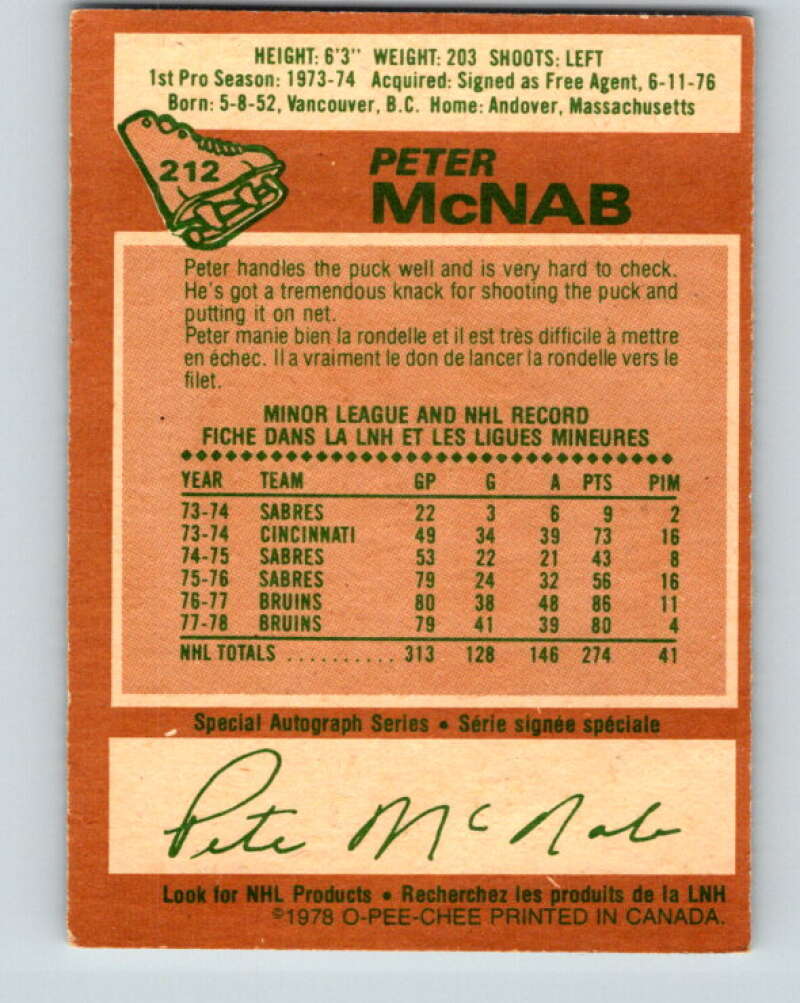 1978-79 O-Pee-Chee #212 Peter McNab  Boston Bruins  V23871