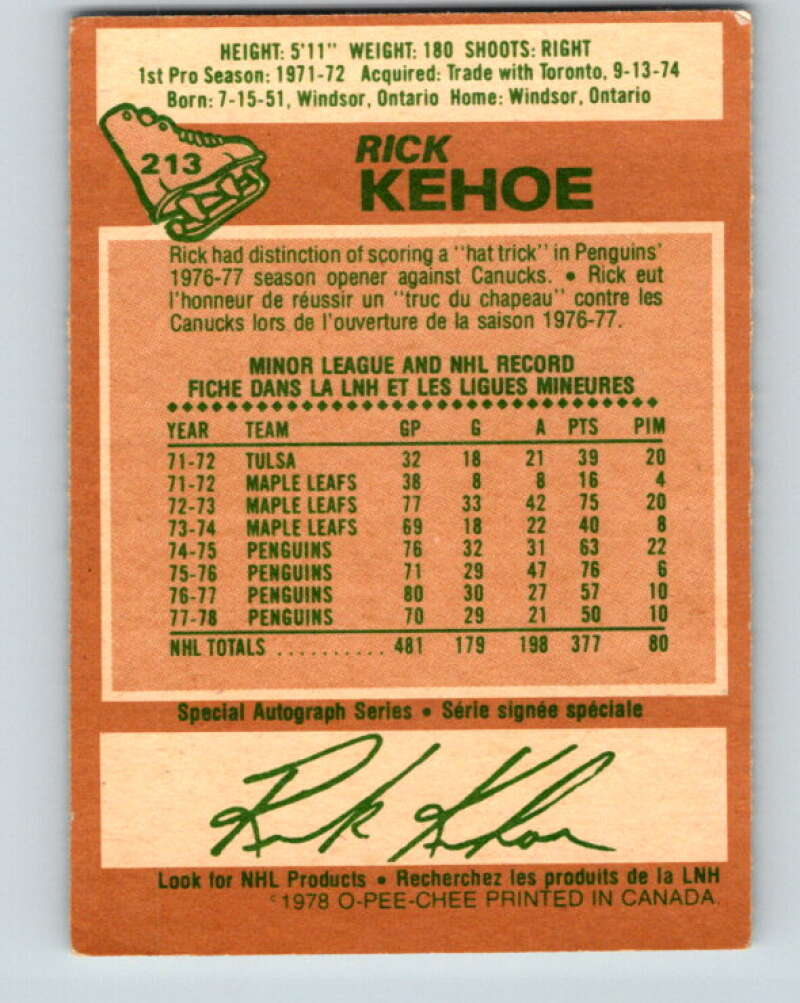 1978-79 O-Pee-Chee #213 Rick Kehoe  Pittsburgh Penguins  V23873
