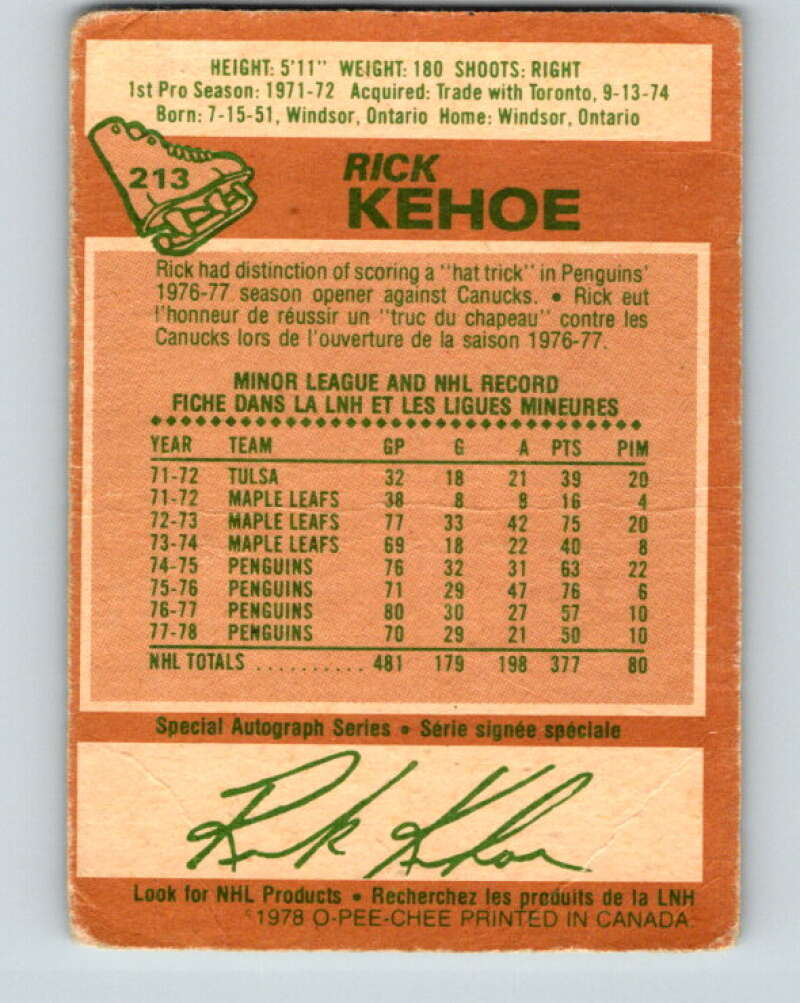 1978-79 O-Pee-Chee #213 Rick Kehoe  Pittsburgh Penguins  V23874
