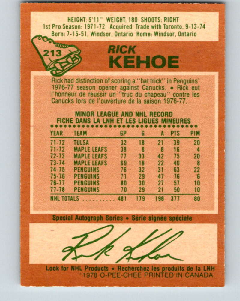 1978-79 O-Pee-Chee #213 Rick Kehoe  Pittsburgh Penguins  V23877