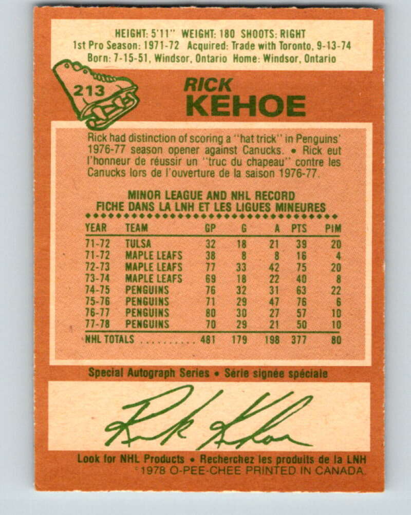 1978-79 O-Pee-Chee #213 Rick Kehoe  Pittsburgh Penguins  V23881