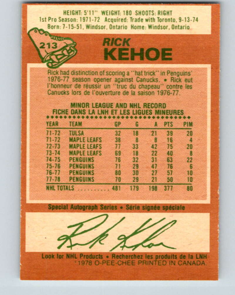 1978-79 O-Pee-Chee #213 Rick Kehoe  Pittsburgh Penguins  V23882