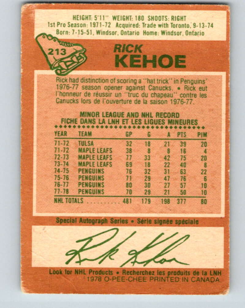 1978-79 O-Pee-Chee #213 Rick Kehoe  Pittsburgh Penguins  V23883