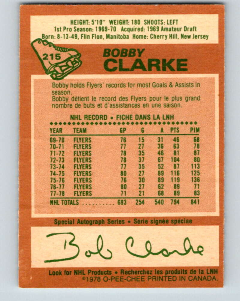 1978-79 O-Pee-Chee #215 Bobby Clarke  Philadelphia Flyers  V23907