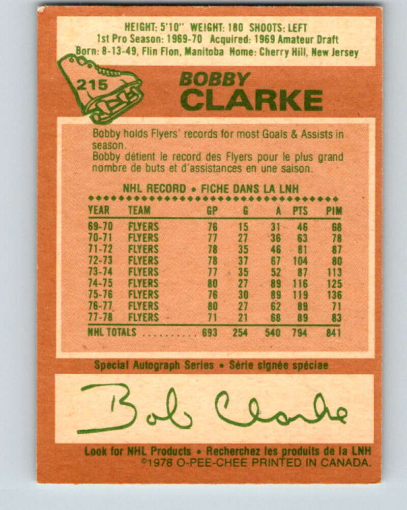 1978-79 O-Pee-Chee #215 Bobby Clarke  Philadelphia Flyers  V23909