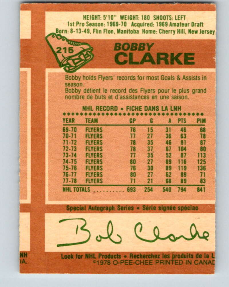 1978-79 O-Pee-Chee #215 Bobby Clarke  Philadelphia Flyers  V23916