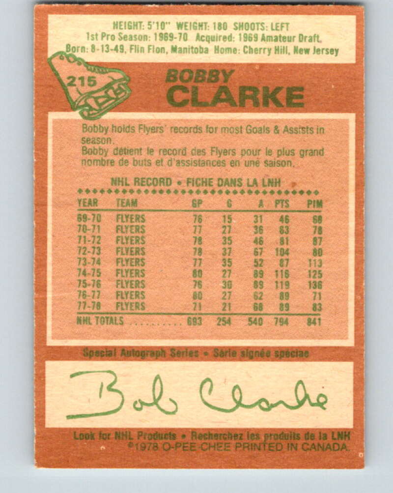 1978-79 O-Pee-Chee #215 Bobby Clarke  Philadelphia Flyers  V23919