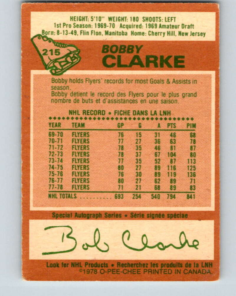 1978-79 O-Pee-Chee #215 Bobby Clarke  Philadelphia Flyers  V23920