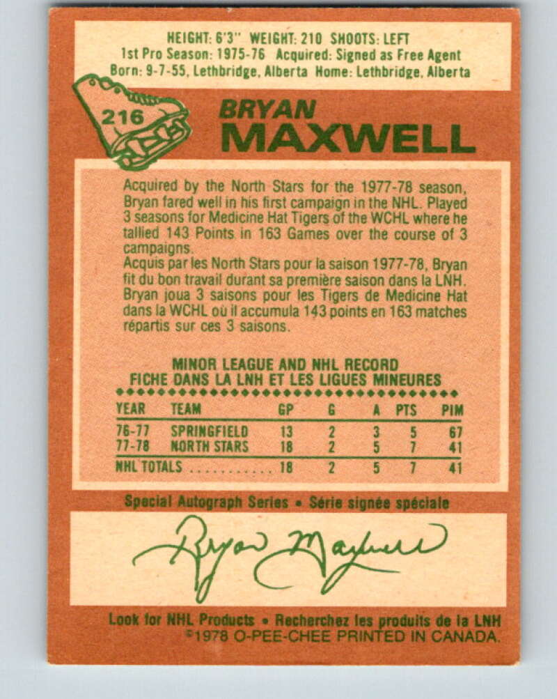 1978-79 O-Pee-Chee #216 Bryan Maxwell UER North Stars  V23924