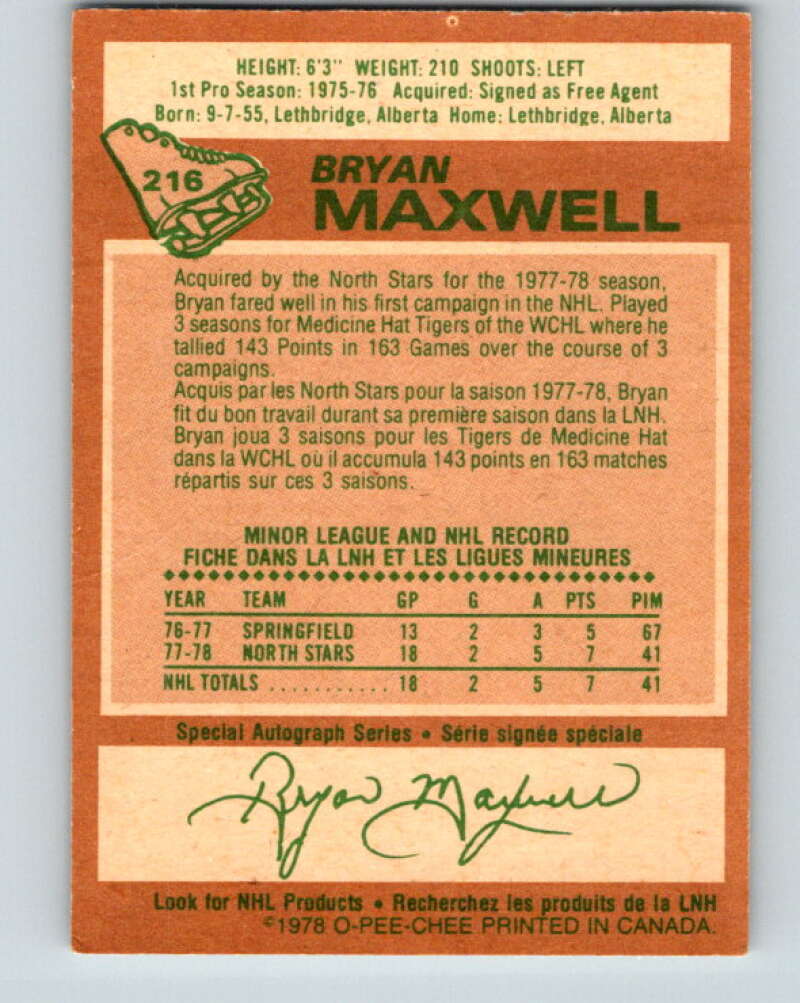 1978-79 O-Pee-Chee #216 Bryan Maxwell UER North Stars  V23925