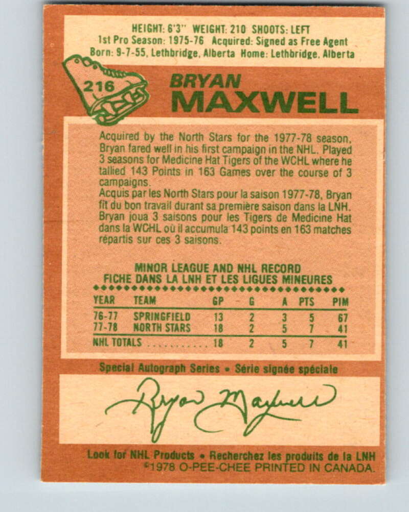 1978-79 O-Pee-Chee #216 Bryan Maxwell UER North Stars  V23926