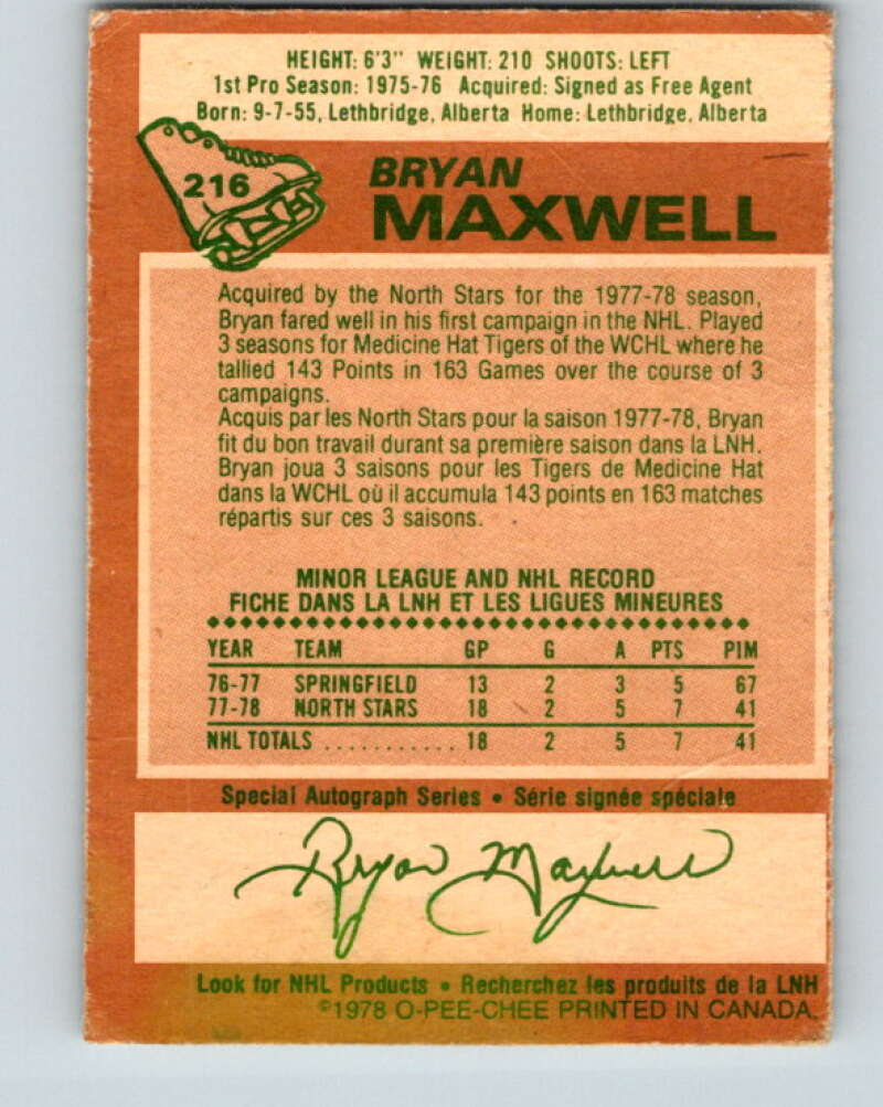 1978-79 O-Pee-Chee #216 Bryan Maxwell UER North Stars  V23928