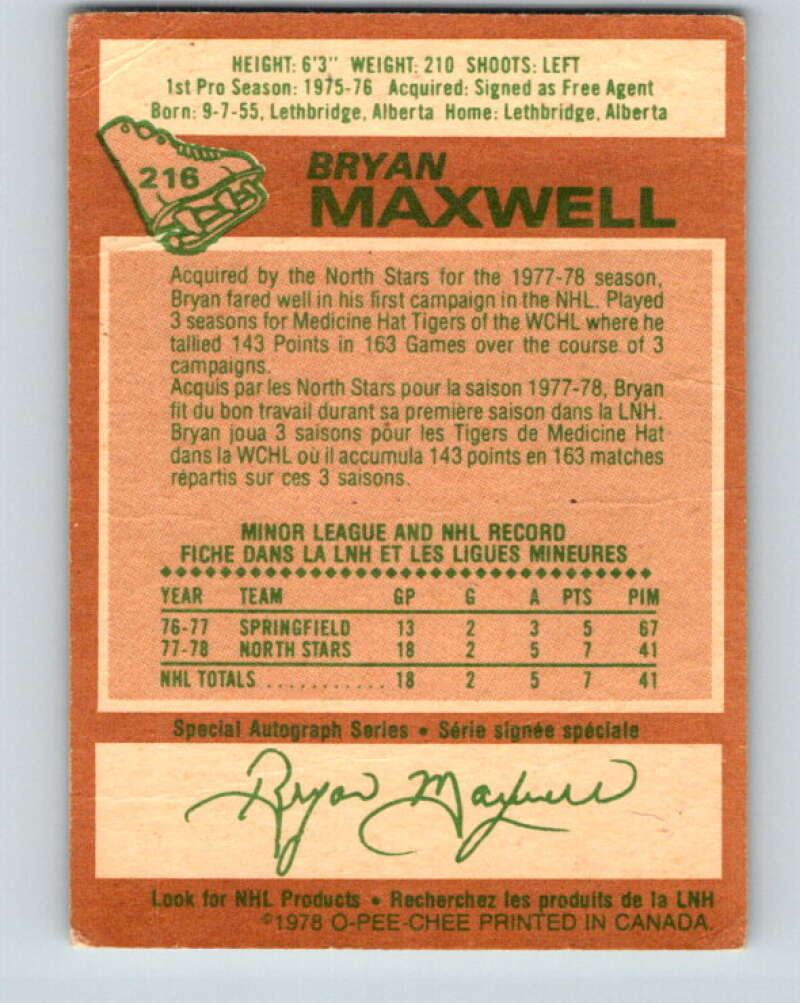 1978-79 O-Pee-Chee #216 Bryan Maxwell UER North Stars  V23931