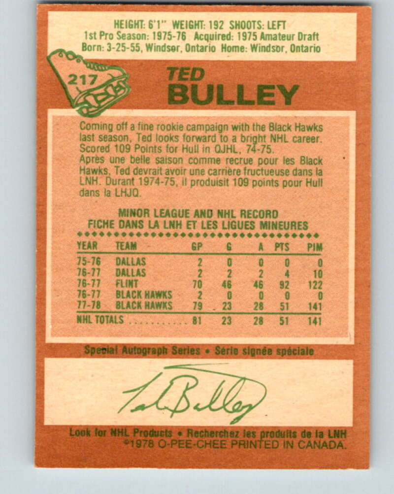 1978-79 O-Pee-Chee #217 Ted Bulley  RC Rookie Blackhawks  V23935
