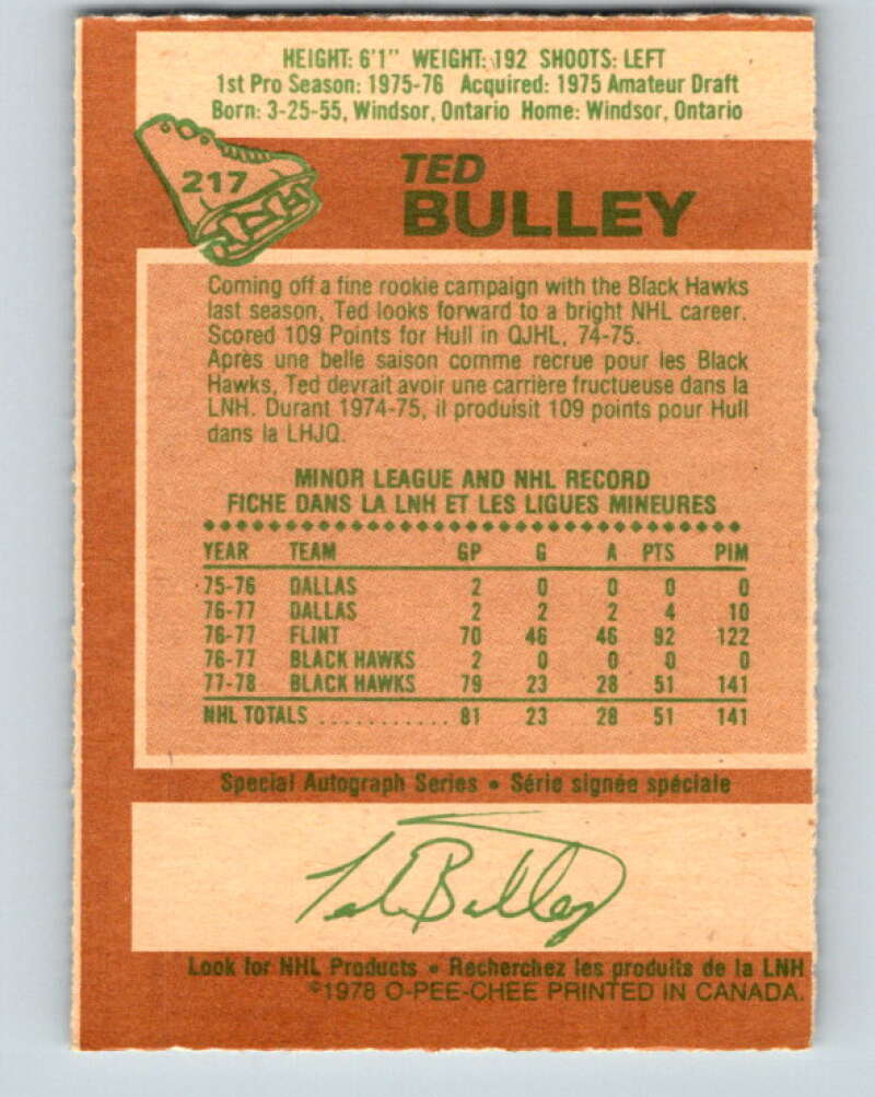 1978-79 O-Pee-Chee #217 Ted Bulley  RC Rookie Blackhawks  V23936