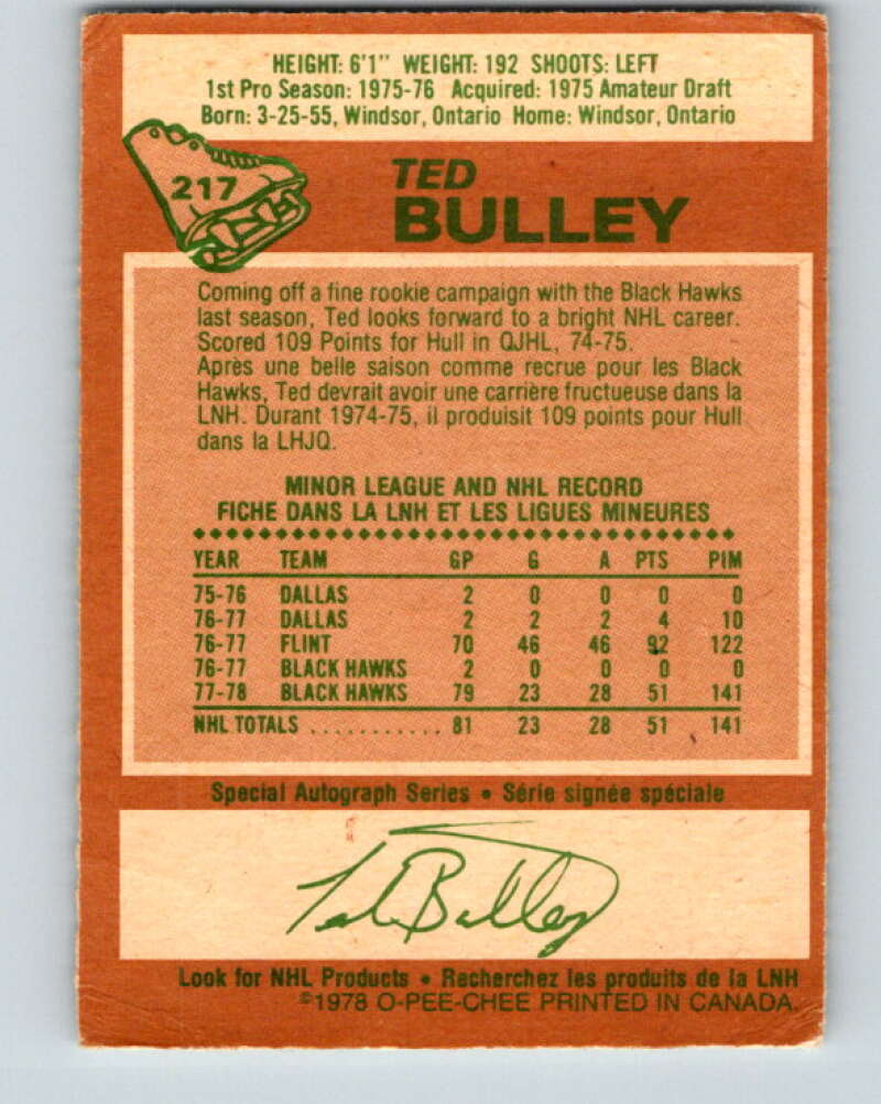 1978-79 O-Pee-Chee #217 Ted Bulley  RC Rookie Blackhawks  V23937