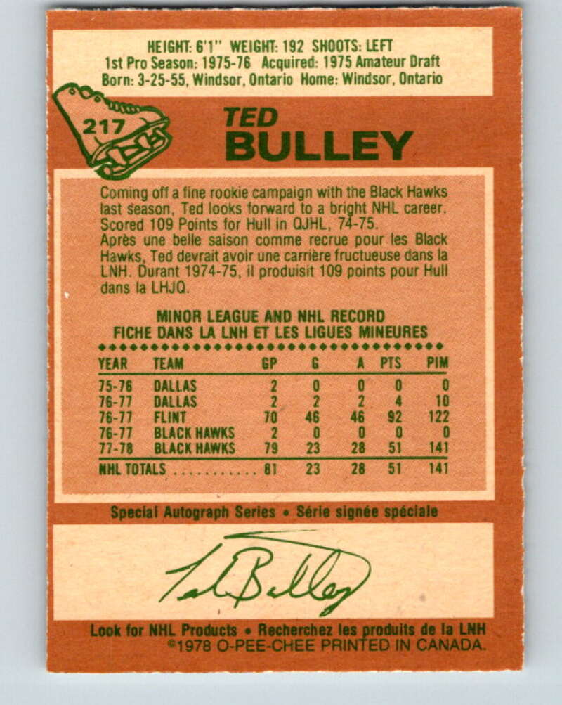 1978-79 O-Pee-Chee #217 Ted Bulley  RC Rookie Blackhawks  V23938