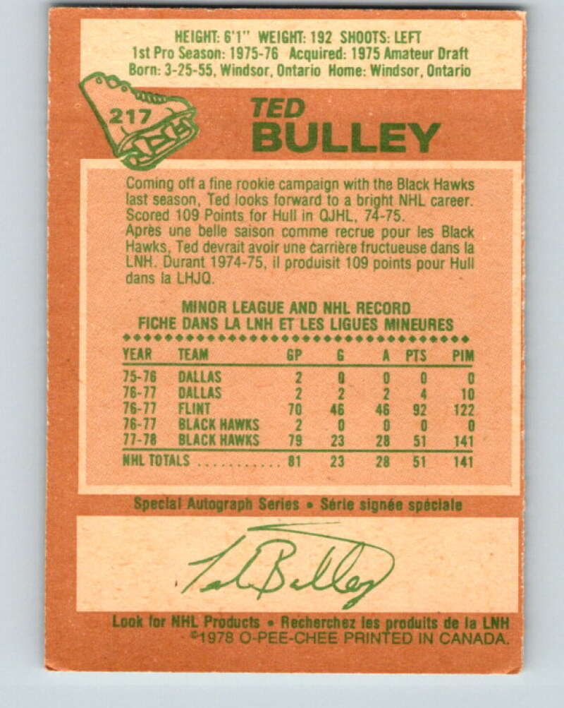 1978-79 O-Pee-Chee #217 Ted Bulley  RC Rookie Blackhawks  V23939