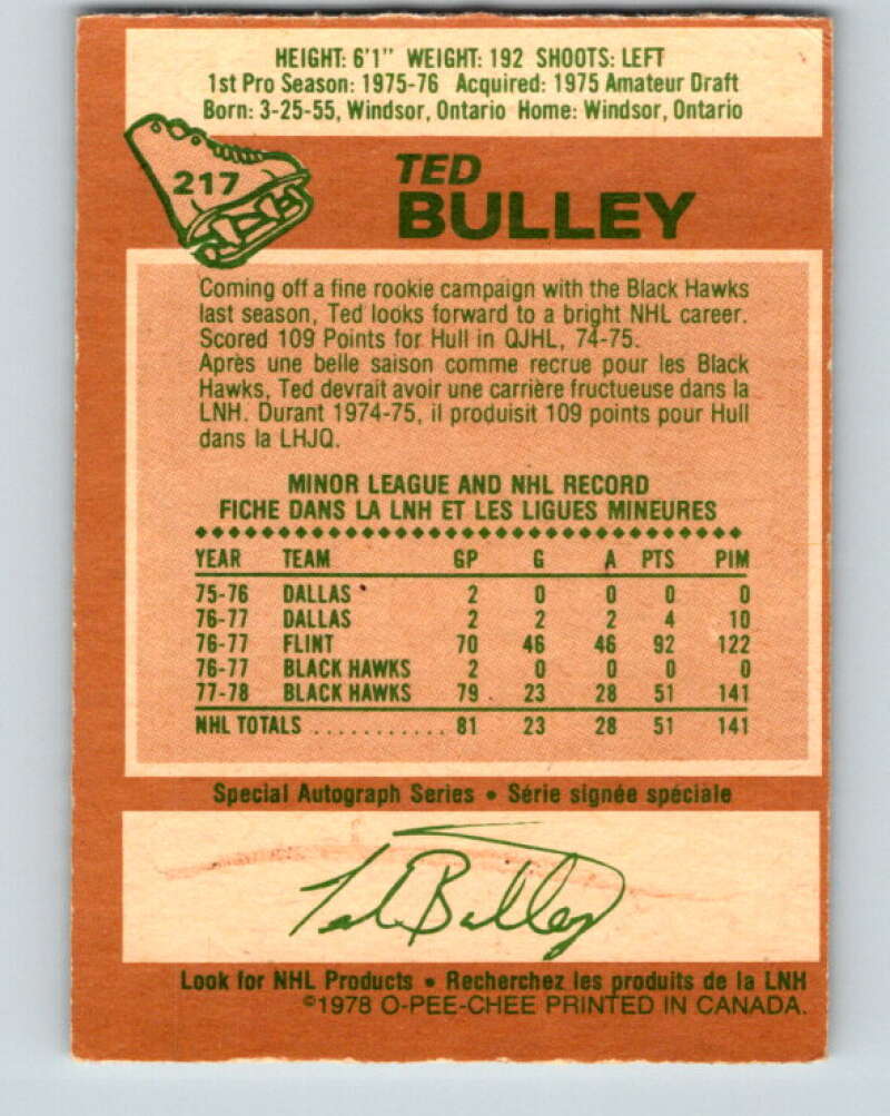 1978-79 O-Pee-Chee #217 Ted Bulley  RC Rookie Blackhawks  V23940