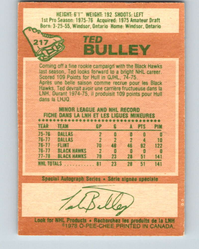 1978-79 O-Pee-Chee #217 Ted Bulley  RC Rookie Blackhawks  V23941
