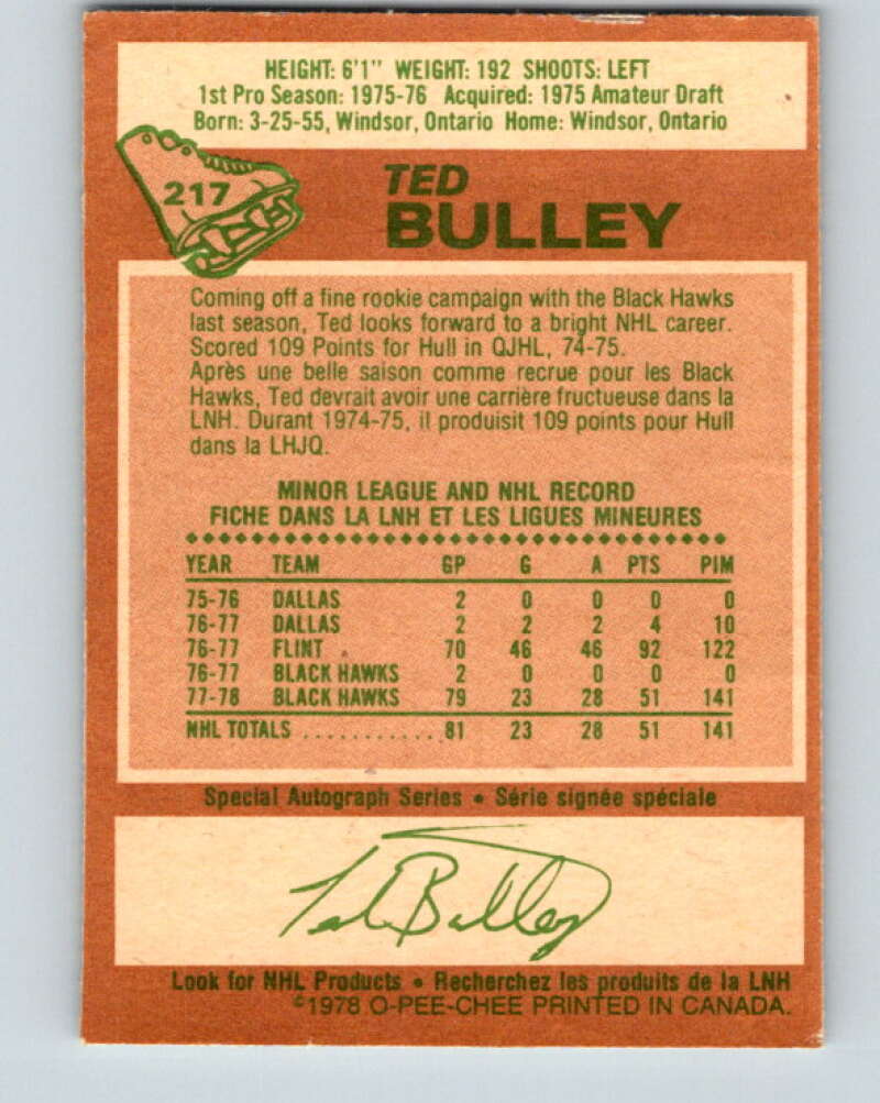1978-79 O-Pee-Chee #217 Ted Bulley  RC Rookie Blackhawks  V23942