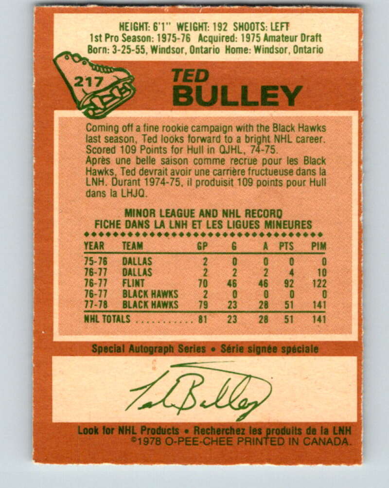 1978-79 O-Pee-Chee #217 Ted Bulley  RC Rookie Blackhawks  V23943