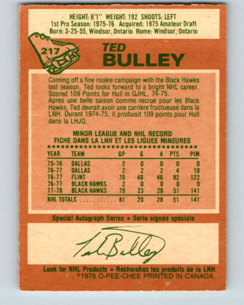 1978-79 O-Pee-Chee #217 Ted Bulley  RC Rookie Blackhawks  V23944