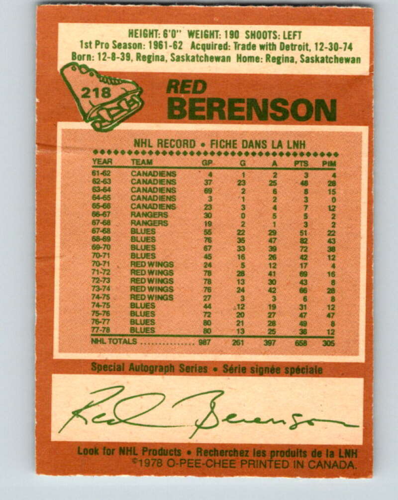 1978-79 O-Pee-Chee #218 Red Berenson  St. Louis Blues  V23945