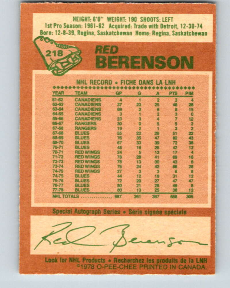 1978-79 O-Pee-Chee #218 Red Berenson  St. Louis Blues  V23946