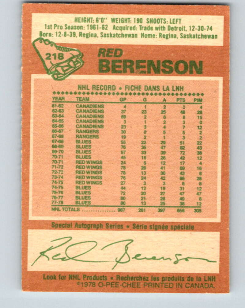 1978-79 O-Pee-Chee #218 Red Berenson  St. Louis Blues  V23947