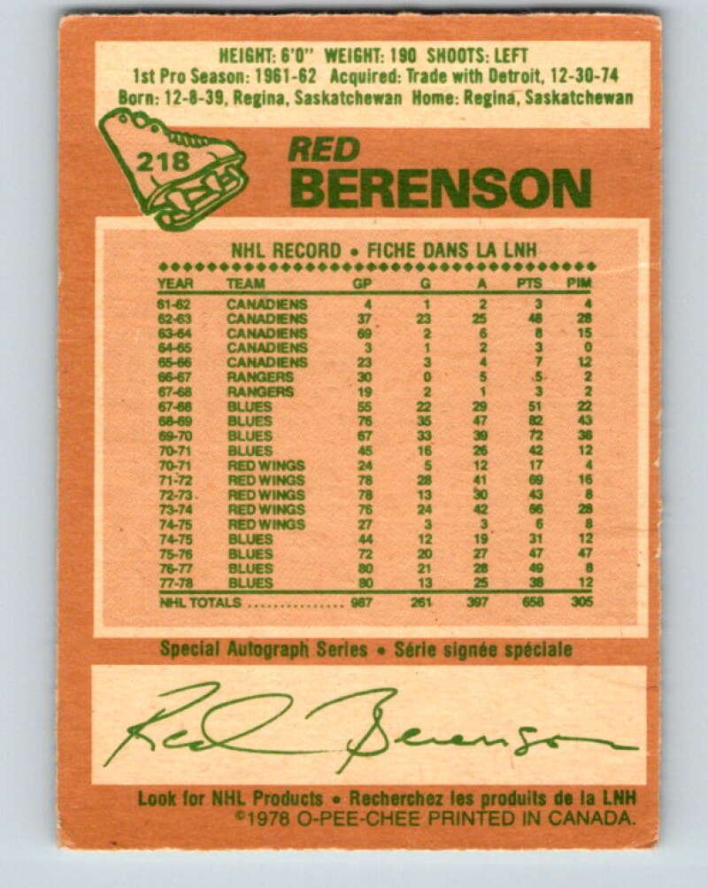 1978-79 O-Pee-Chee #218 Red Berenson  St. Louis Blues  V23948