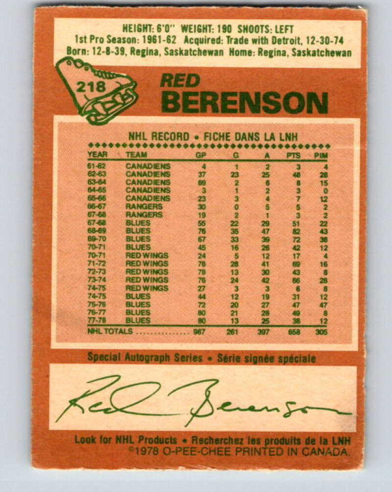 1978-79 O-Pee-Chee #218 Red Berenson  St. Louis Blues  V23949