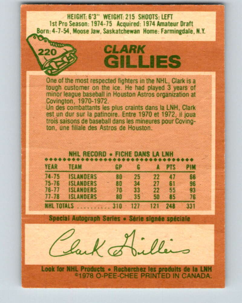 1978-79 O-Pee-Chee #220 Clark Gillies AS  New York Islanders  V23972