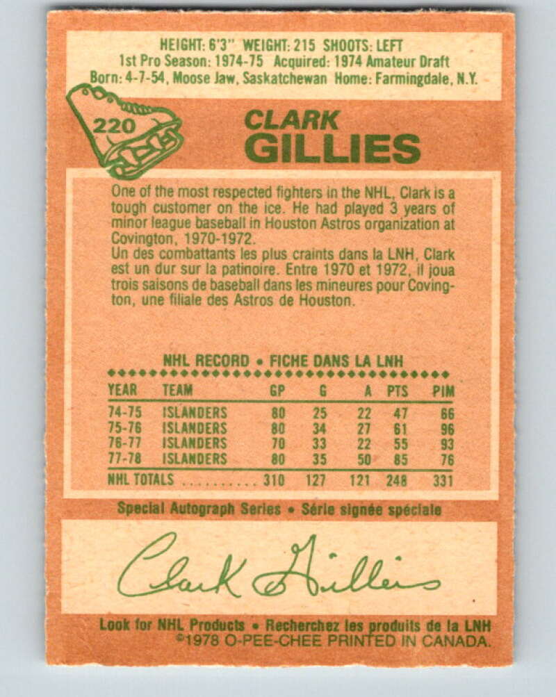 1978-79 O-Pee-Chee #220 Clark Gillies AS  New York Islanders  V23975