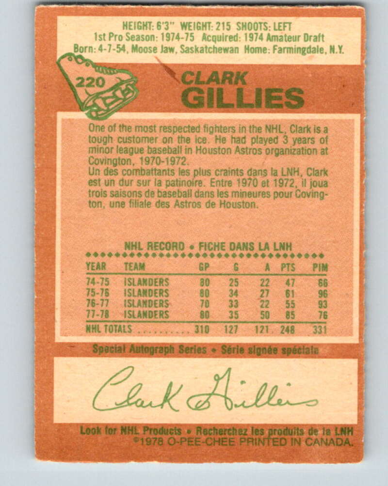 1978-79 O-Pee-Chee #220 Clark Gillies AS  New York Islanders  V23979