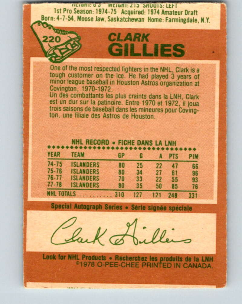 1978-79 O-Pee-Chee #220 Clark Gillies AS  New York Islanders  V23981