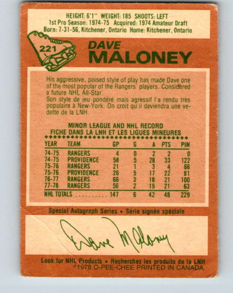1978-79 O-Pee-Chee #221 Dave Maloney  New York Rangers  V23983