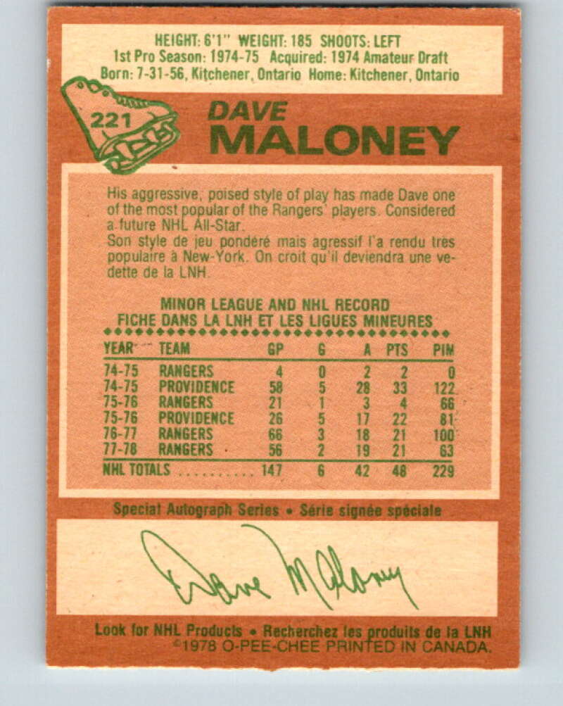 1978-79 O-Pee-Chee #221 Dave Maloney  New York Rangers  V23987