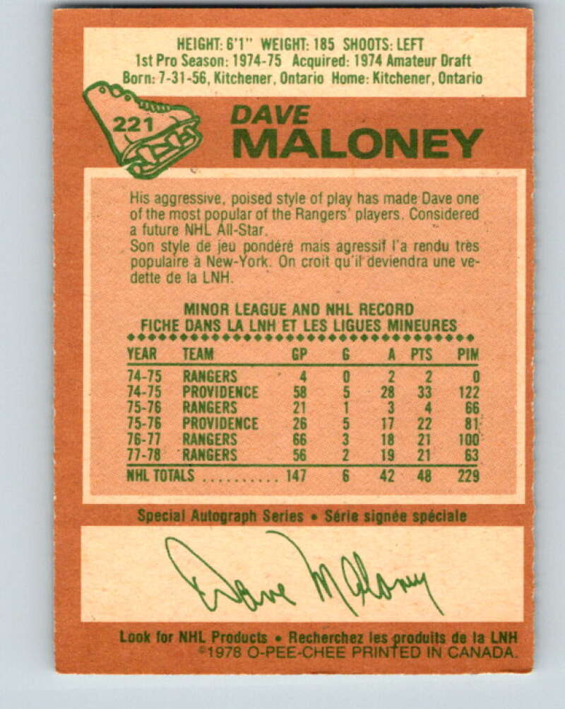 1978-79 O-Pee-Chee #221 Dave Maloney  New York Rangers  V23992