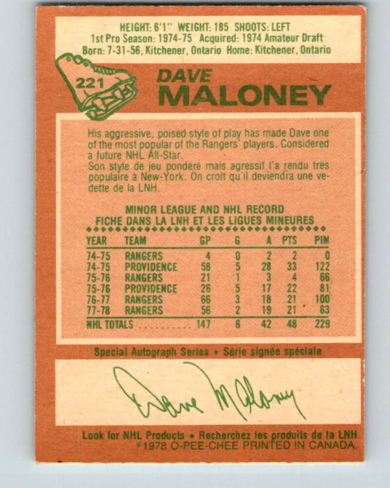 1978-79 O-Pee-Chee #221 Dave Maloney  New York Rangers  V23994