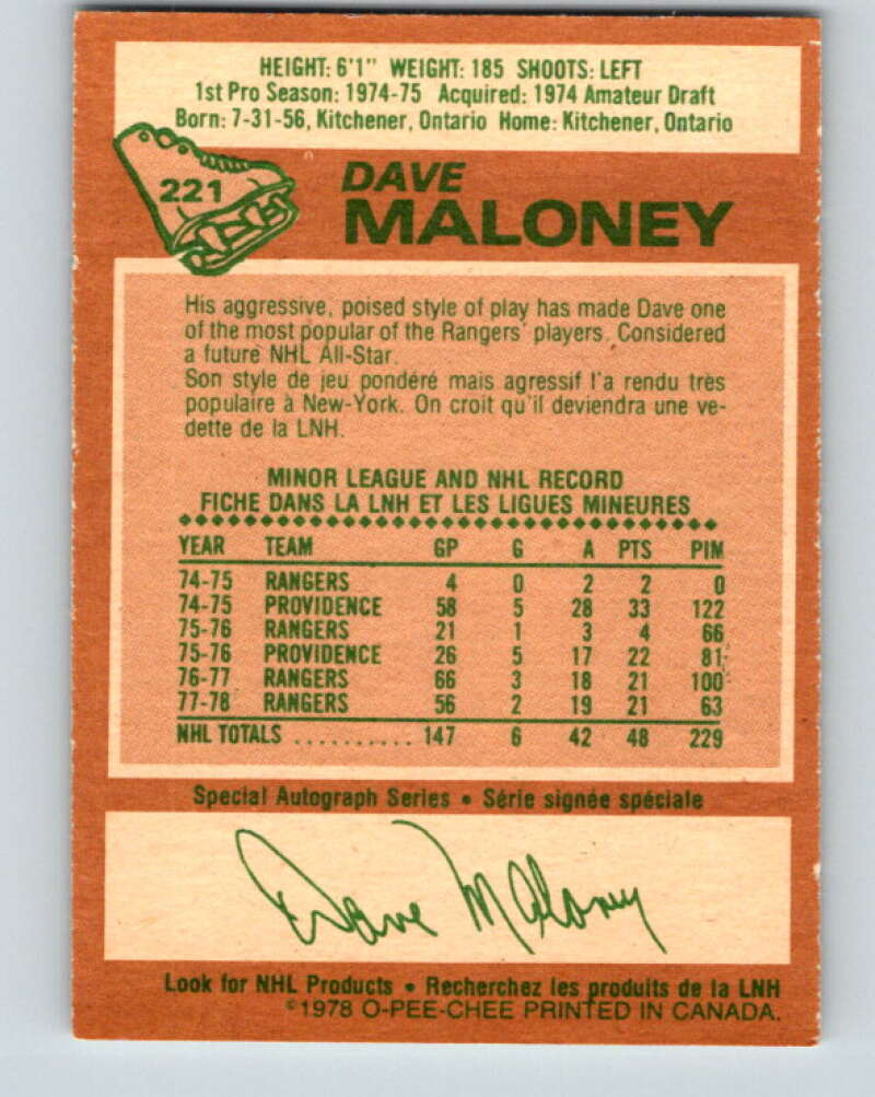 1978-79 O-Pee-Chee #221 Dave Maloney  New York Rangers  V23997
