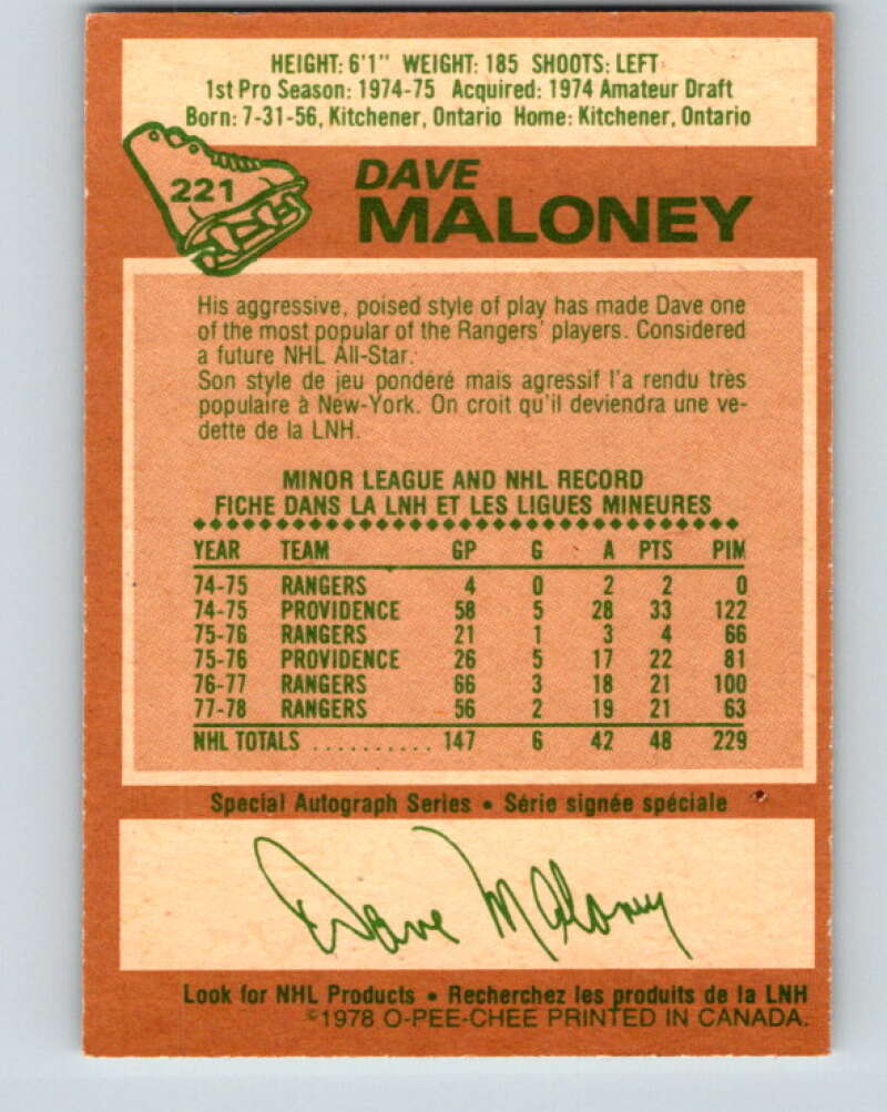 1978-79 O-Pee-Chee #221 Dave Maloney  New York Rangers  V23998