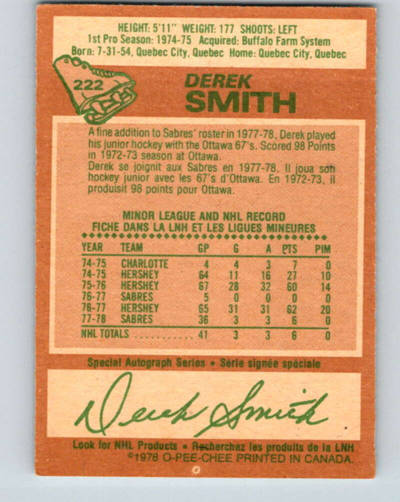1978-79 O-Pee-Chee #222 Derek Smith  RC Rookie Buffalo Sabres  V24004