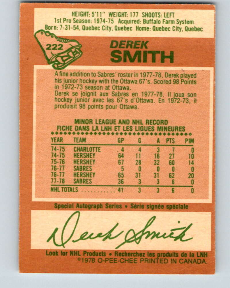 1978-79 O-Pee-Chee #222 Derek Smith  RC Rookie Buffalo Sabres  V24005