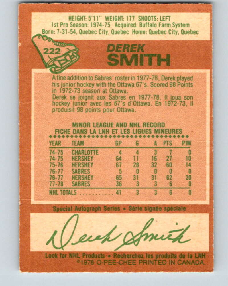 1978-79 O-Pee-Chee #222 Derek Smith  RC Rookie Buffalo Sabres  V24006